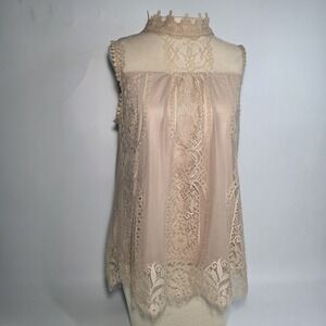 Notations Women's Beige High Neck Sleeveless Lacey Pullover Blouse Size M NWT